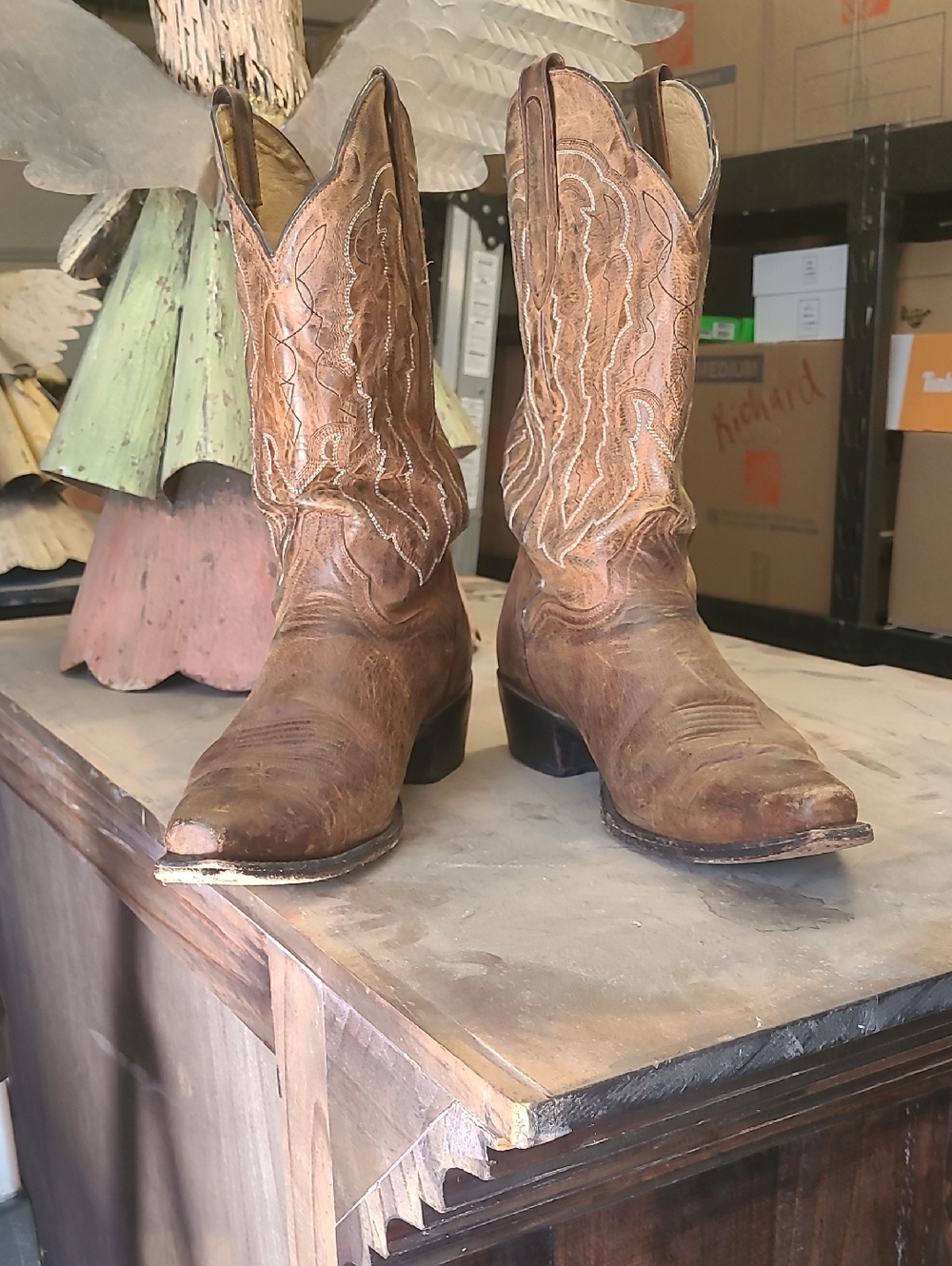 J.B. Dillon Brown Leather Western Cowboy Boots with Stitch Detail